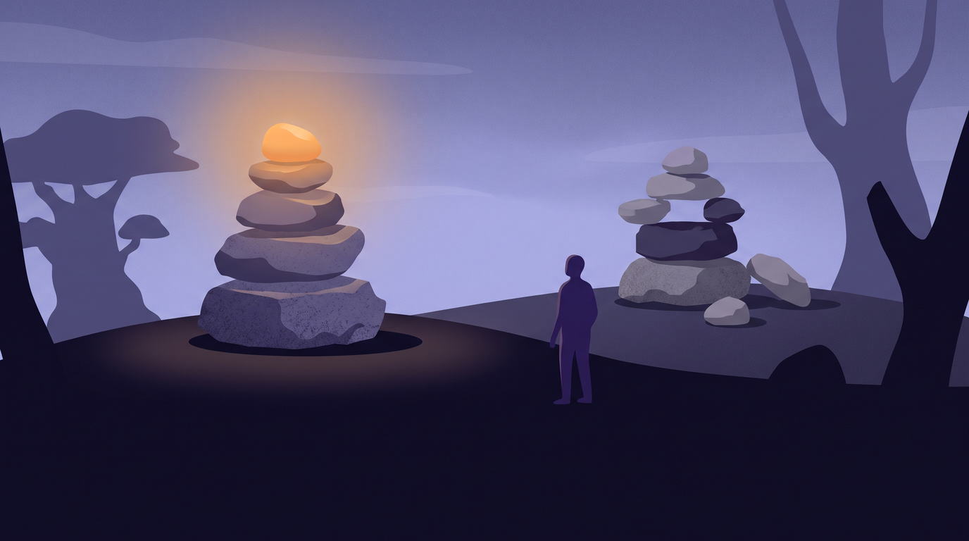 Two stone cairns on a dark hilltop. The left one stands tall, five stones stacked from a wide base to a small glowing stone on top. The right one is missing its middle stone, and its upper stones lie fallen beside the base.