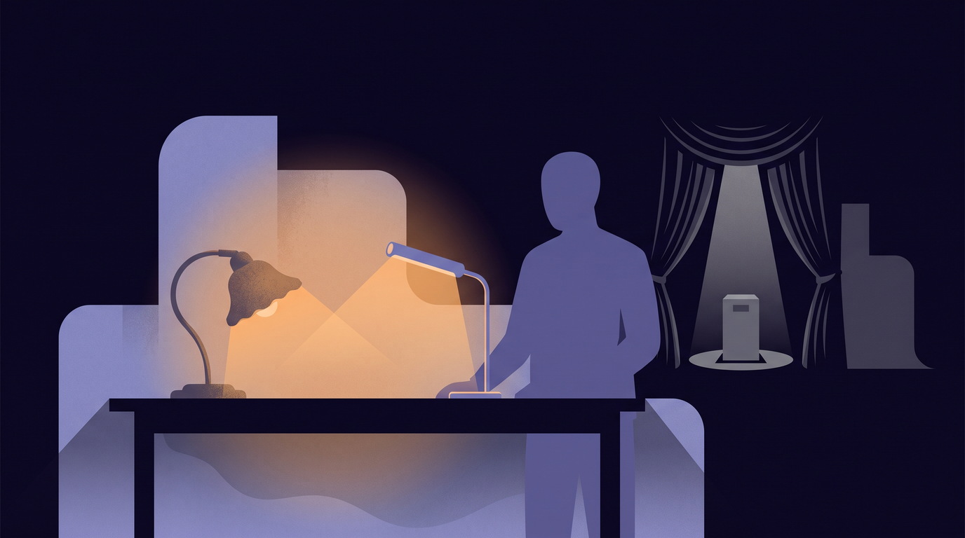 On a plain workbench in a dark room, a person has set an old lamp and a sleek new one side by side, both lit and shining on the same patch of wall. In the background, an empty showroom pedestal sits under a spotlight.