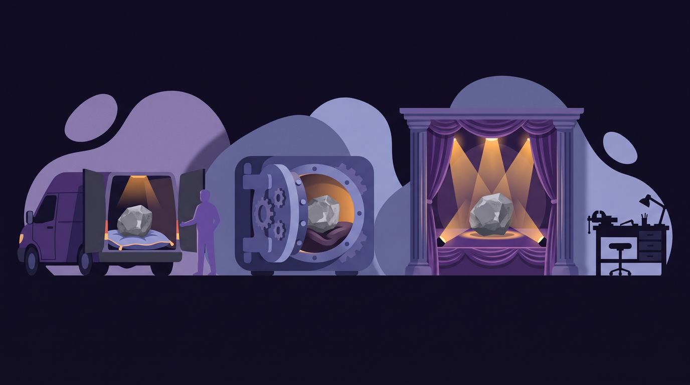 A rough uncut stone appears three times: in the back of a delivery van, inside an open safe, and under bright lights in a velvet display window. At the far right, a gem cutter's bench stands empty and dark.