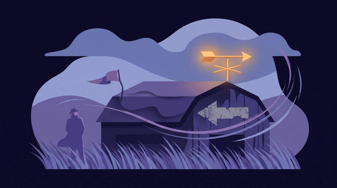 A barn at night in a strong wind that bends the grass. On the roof, a brass weathervane has swung to point into the wind. Painted on the wall below, a faded old arrow points the opposite way, its paint peeling.