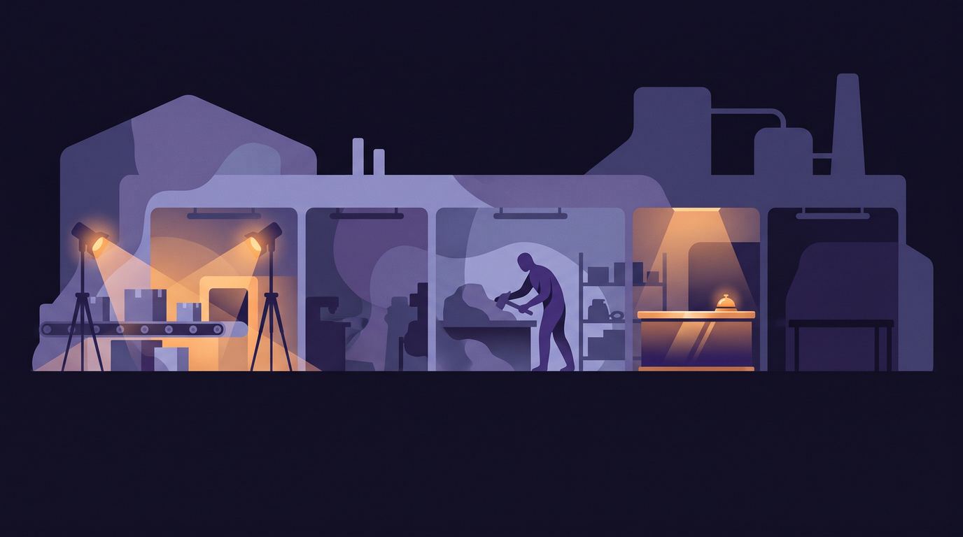 A long workshop with seven stations in a row. Spotlights and cameras aim only at the first, where boxes arrive on a conveyor, and the sixth, a polished counter. In the shadowed middle, one worker bends over a bench reshaping raw material.