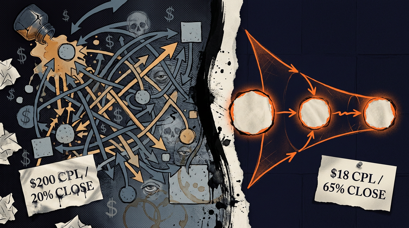 Two panels. Before: a cluttered pipeline with arrows running in every direction and scattered small amounts, labelled $200 CPL and 20% close. After: a clean funnel with fewer and larger nodes, labelled $18 CPL and 65% close.