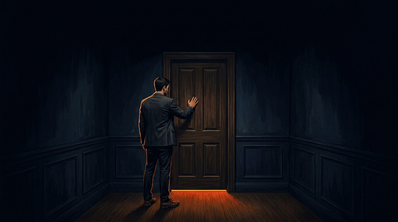 A lone figure in business-casual stands at a heavy closed door in a dim corridor with a palm extended. There is no handle on this side of the door, and light leaks out from underneath it.
