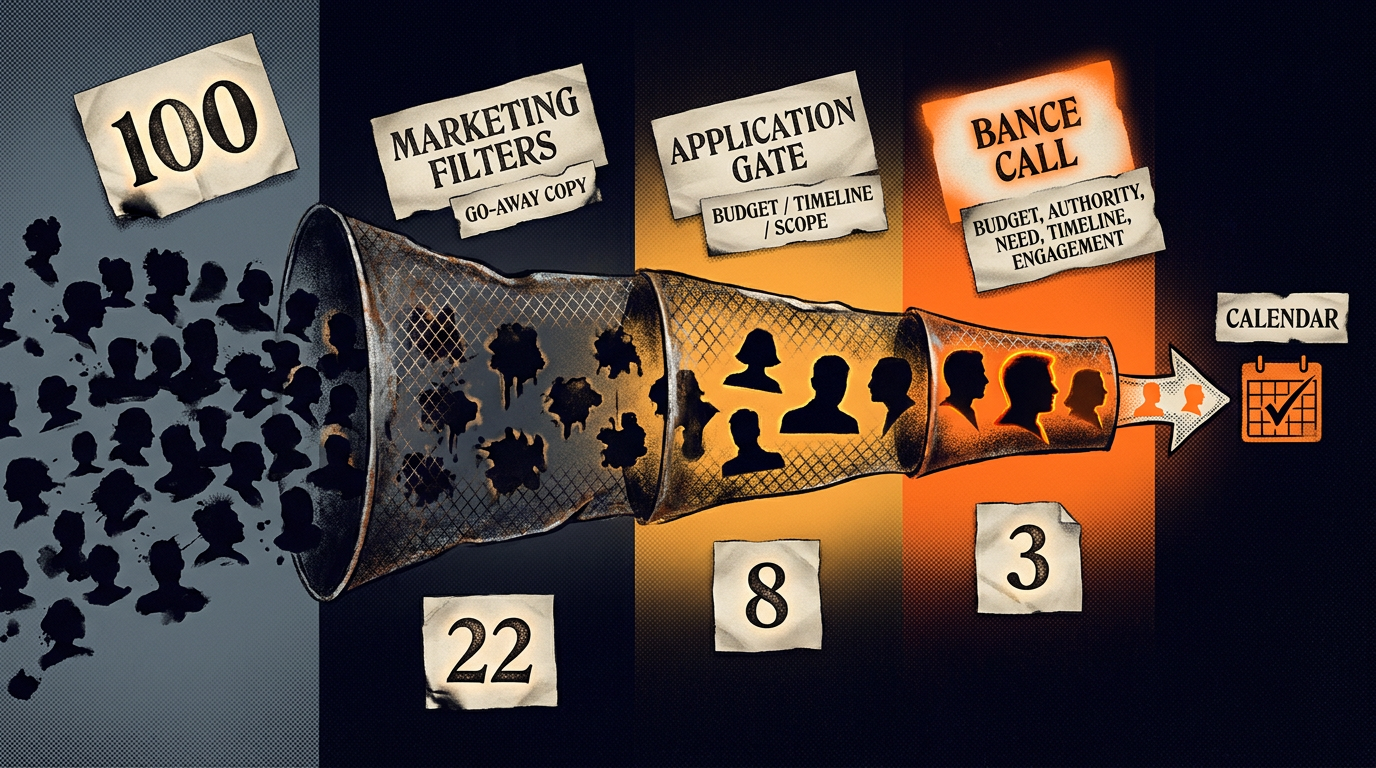 A three-stage filter drawn left to right. One hundred inquiries meet the marketing filters, twenty-two survive the application gate, and between eight and three reach the BANCE call. A figure at the narrow end rests a hand on the qualified node.