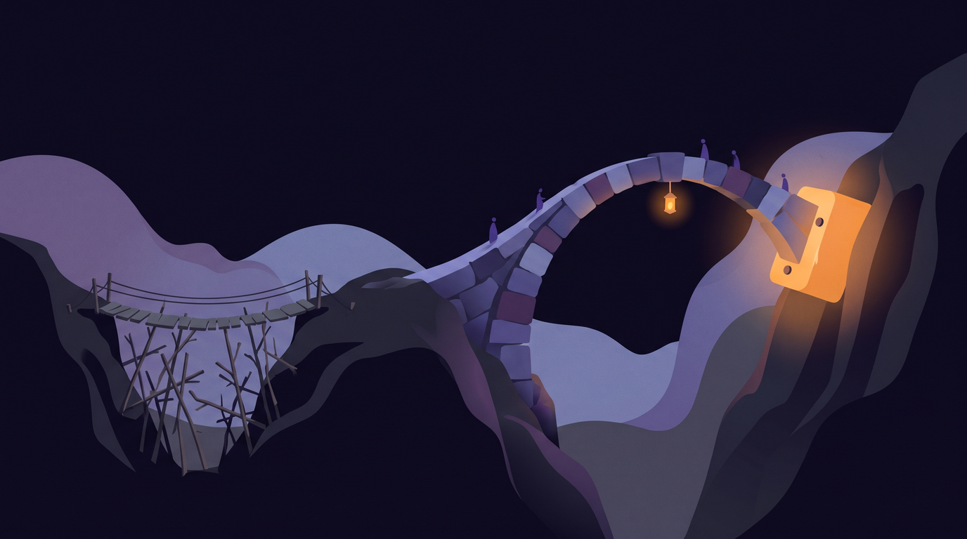 Two crossings span a dark gorge. On the left, a short grey plank bridge sags on a thicket of thin sticks. On the right, a bold stone arch leaps across in one span, its end set into a large glowing anchor block bolted into the cliff.