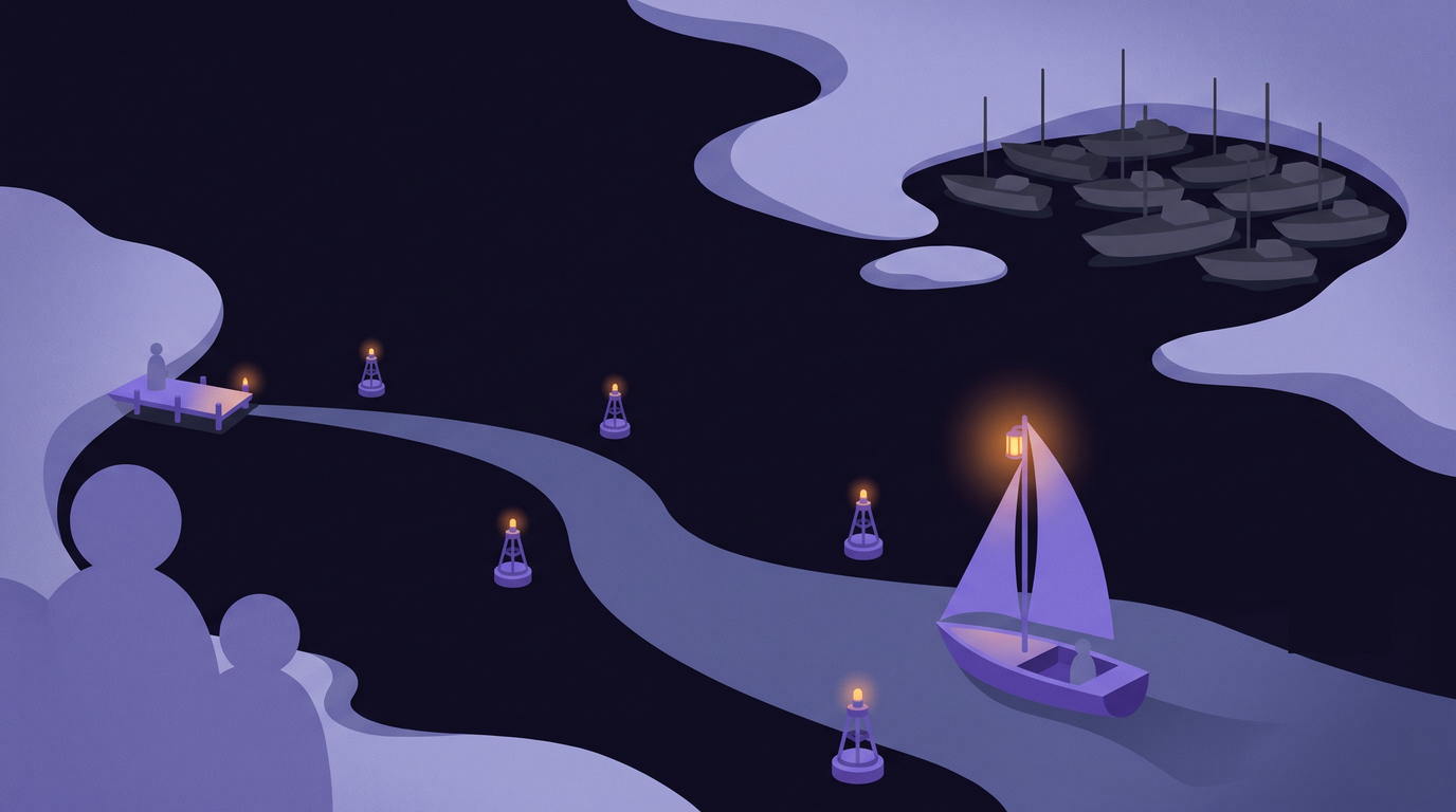 A violet sailboat with a lit lantern follows a curving line of five lit buoys toward its own small dock on the left. Off to the right, a crowd of identical grey boats has drifted into one cove, their lanterns dark.