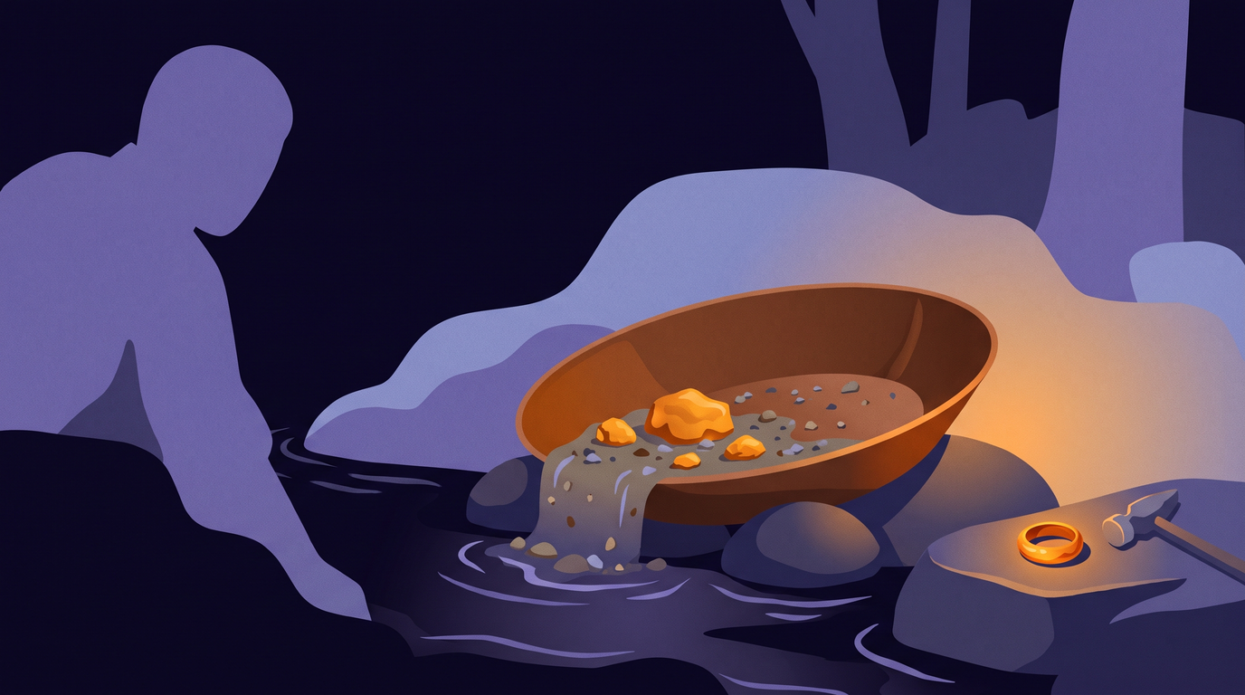 A shallow pan sits level at the edge of a dark stream. A few amber nuggets stay in its bottom while grey silt washes back into the current. On a flat rock beside it lie a freshly made amber ring and a small hammer.