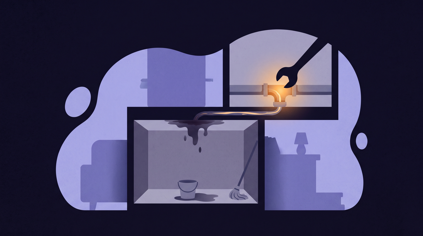 A two-storey house cut open. Downstairs, a grey bucket and mop sit under a drip from a stained ceiling. Upstairs, off to one side, a loose pipe joint leaks along a beam toward the stain, and a wrench rests on the glowing joint.