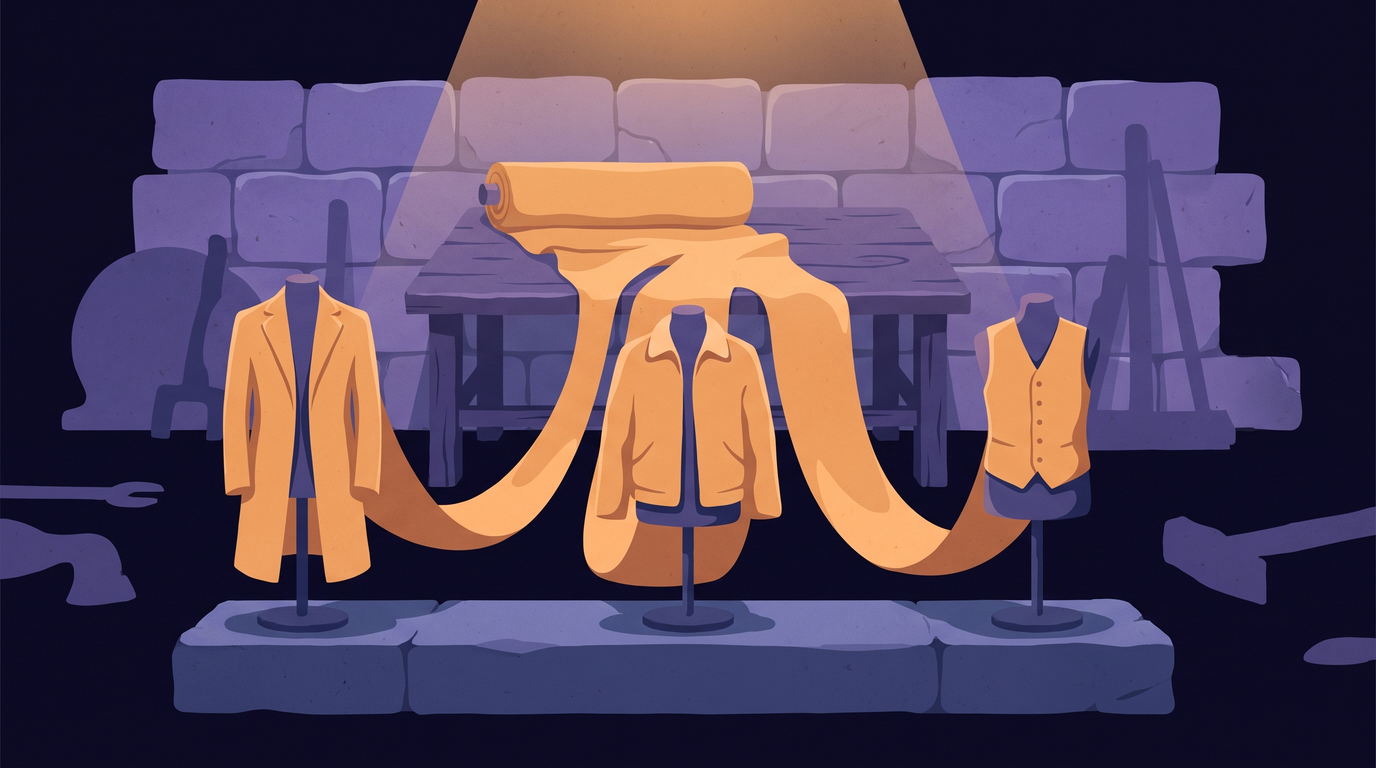 A bolt of amber cloth on a cutting table feeds three lengths forward to three headless dress forms on one stone plinth: a long overcoat on the left, a work jacket in the middle and a short vest on the right. A violet stone wall stands behind all three.