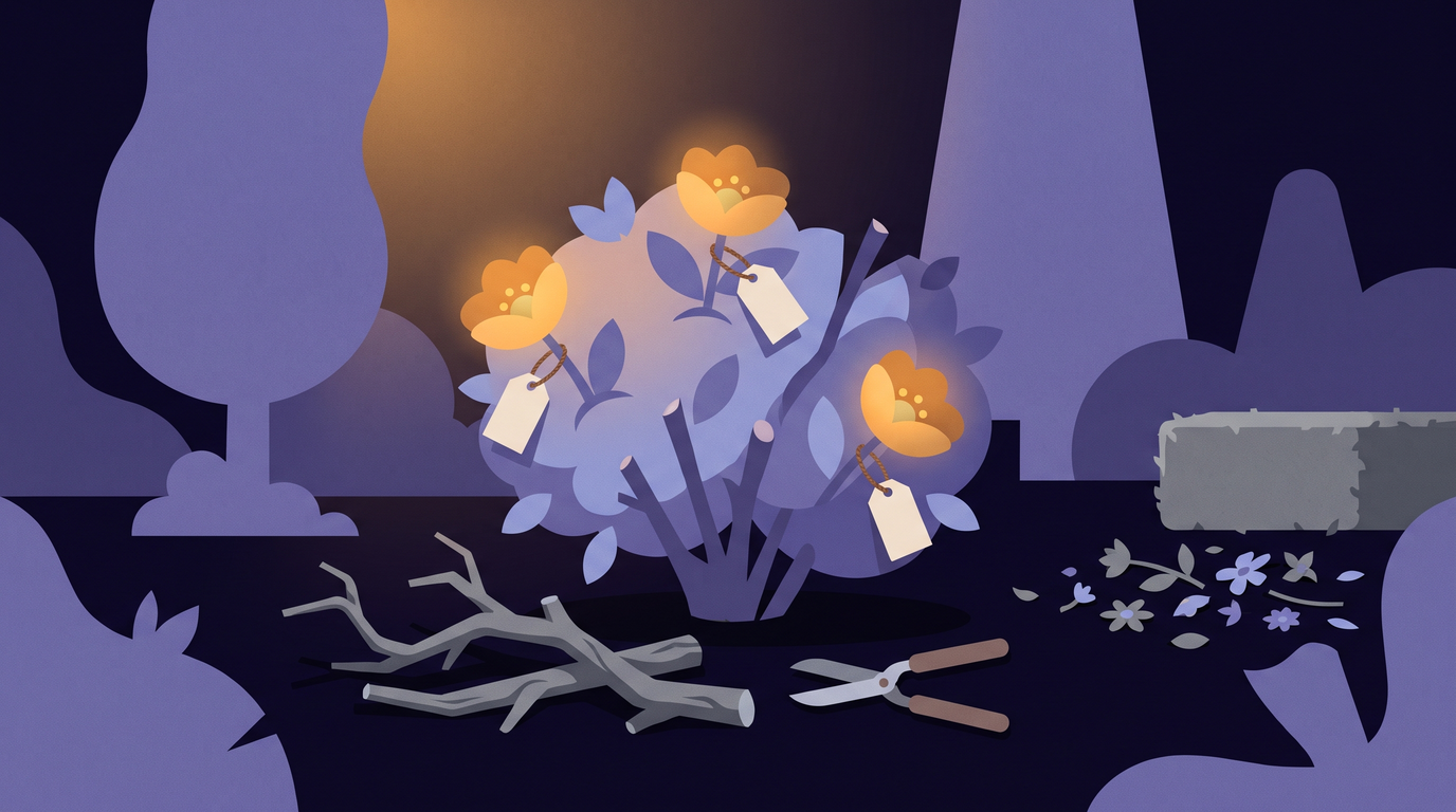 A pruned flowering shrub stands in the center. Two dead grey branches lie cut on the ground beside pruning shears, and three amber blossoms left on the shrub each carry a small blank tag. Far behind, a grey hedge sheared flat has dropped all its flowers.
