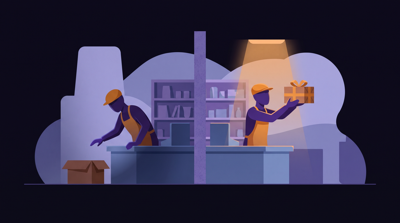 The same shopkeeper, in the same amber apron and cap, appears twice at one counter. On the left, in dim light, the shopkeeper leans in quietly beside an empty opened parcel box. On the right, in warm light, the shopkeeper hands over a wrapped parcel with arms raised.