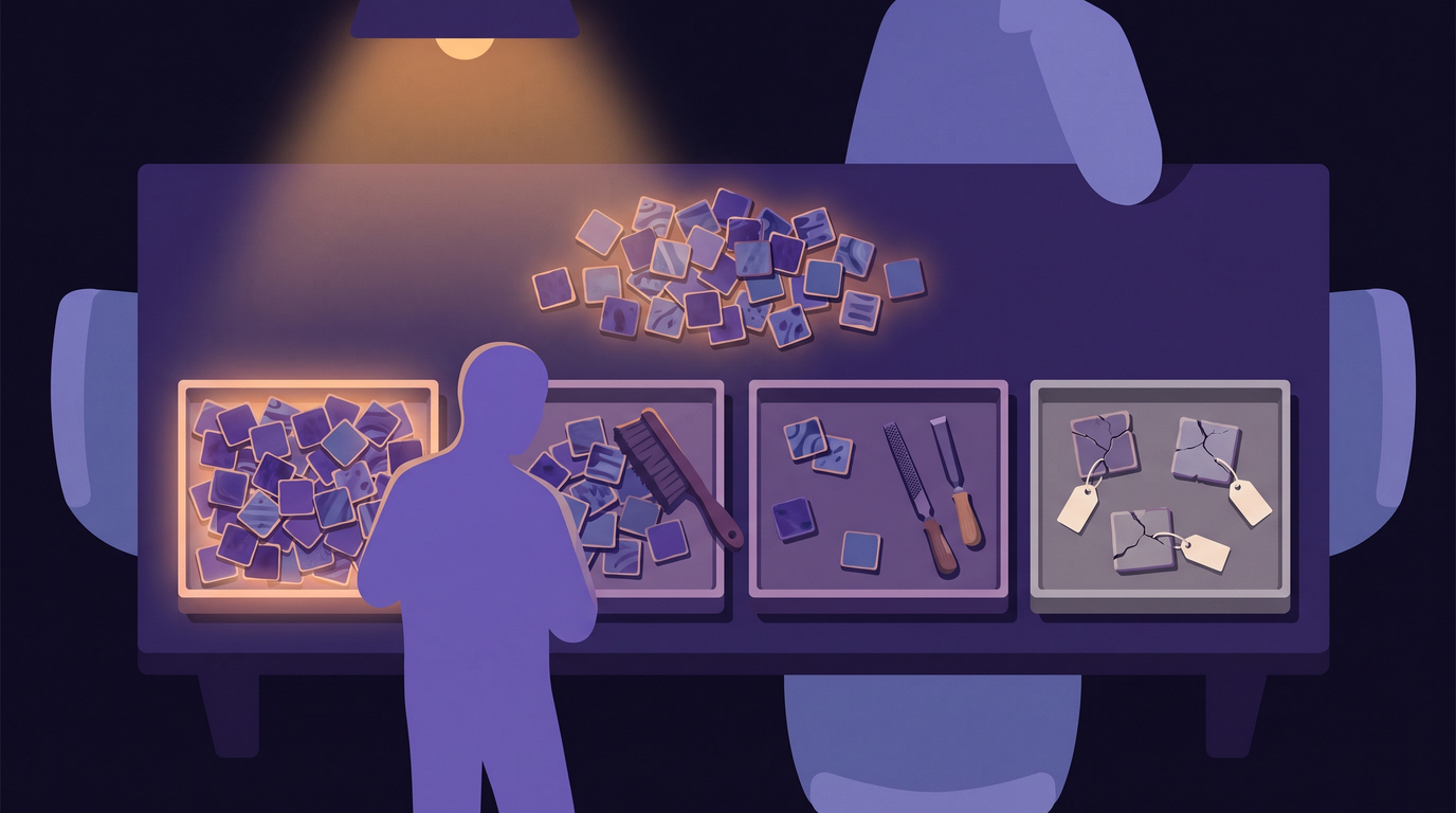 From above, a heap of violet tiles sits at the top of a sorting table. Four trays below hold them: a large full tray, a smaller one with a brush across it, a few tiles beside a file, and three cracked grey tiles each tied with a blank tag.