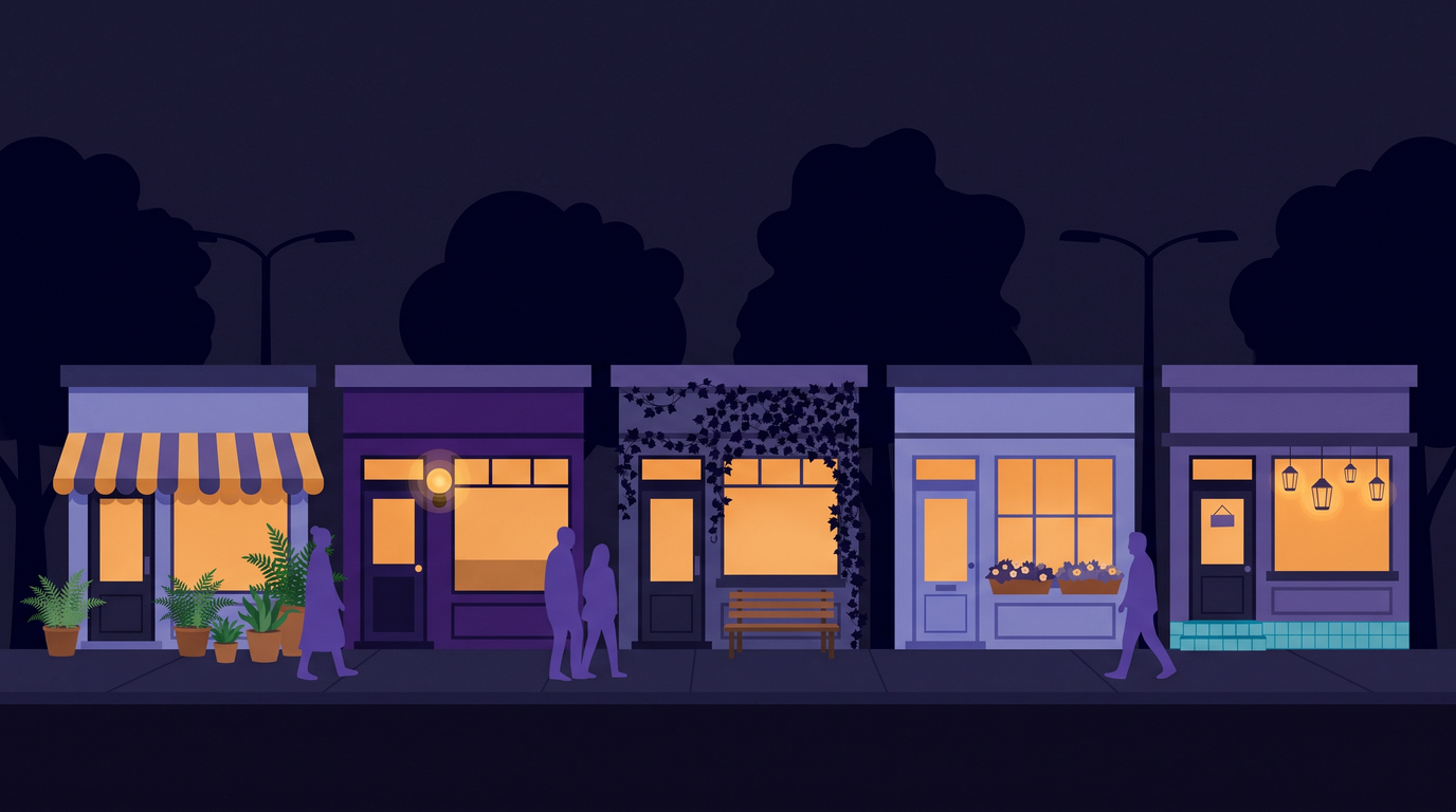 Five narrow storefronts stand in a row, built to one identical plan with the same door, window and roofline. Each is dressed differently: an amber awning with ferns, a violet front with a brass lamp, ivy and a bench, a periwinkle door, and a tiled step with lanterns.
