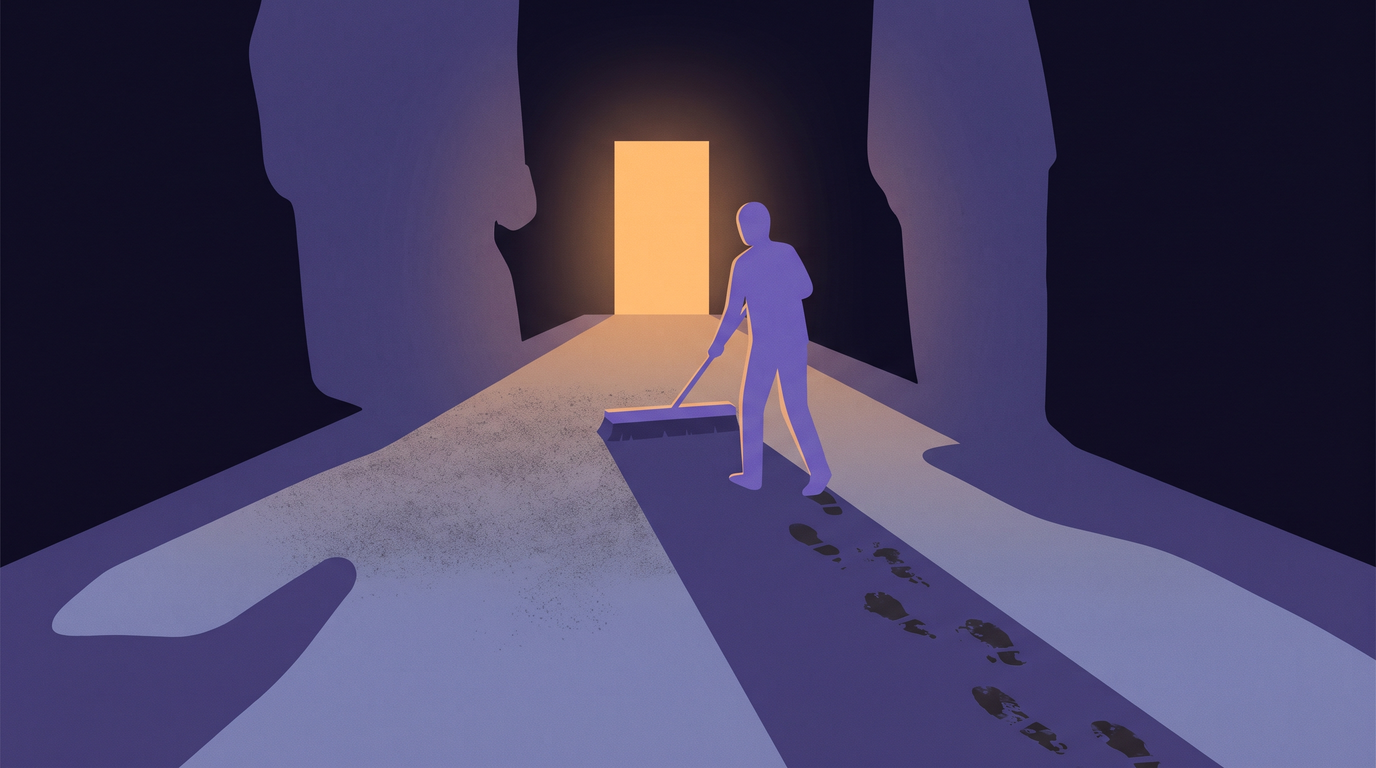 A person pushes a wide broom down a long corridor toward a glowing doorway. The floor ahead is dusty. The floor behind is swept clean except for a line of muddy bootprints left by the sweeper's own steps.